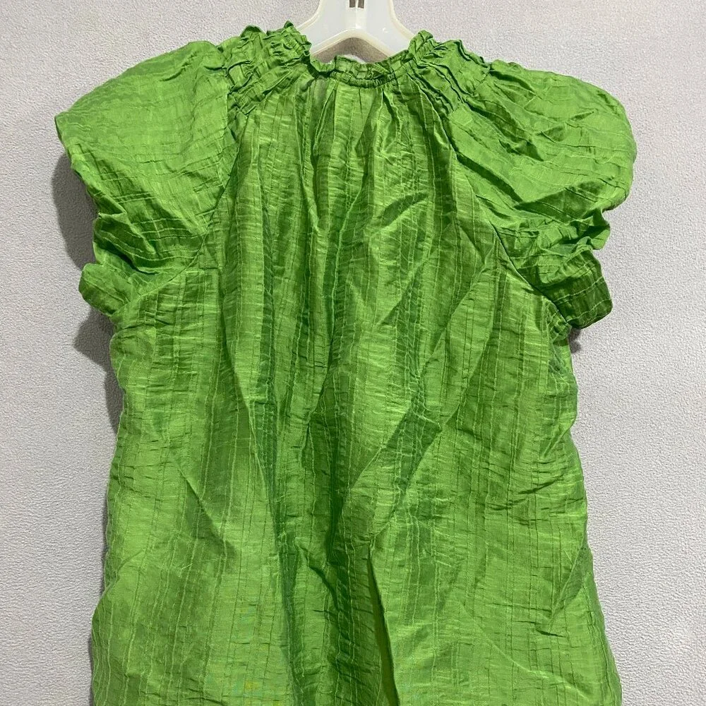 En Focus Studio Salted Lime Ruffle Sleeve Blouse | Textured Button Front Top M - Picture 4 of 7